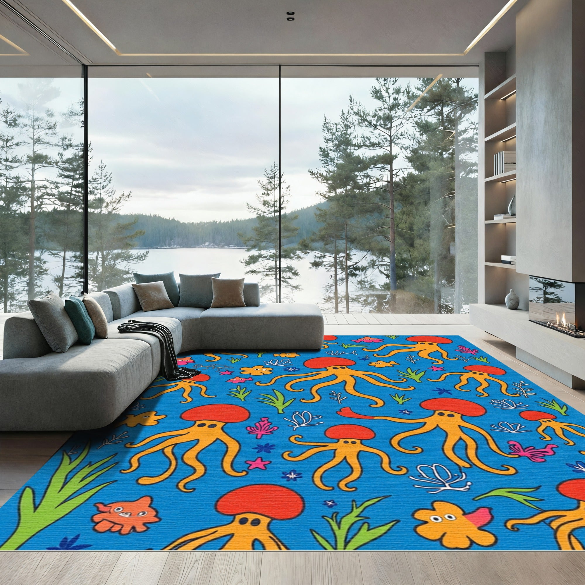 Orange Jellyfish Aquatic Blue Playful Rug