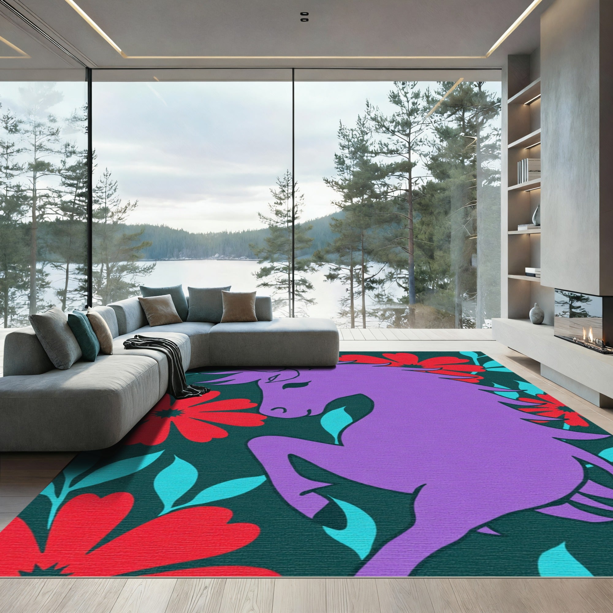 Purple Unicorn Red Floral Swirl Rug