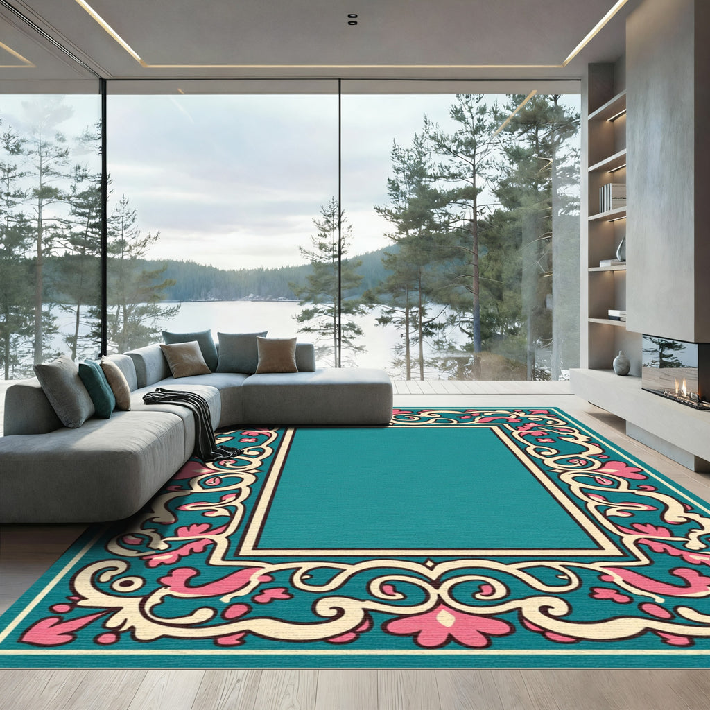 Turquoise Pink Ivory Floral Scroll Rug