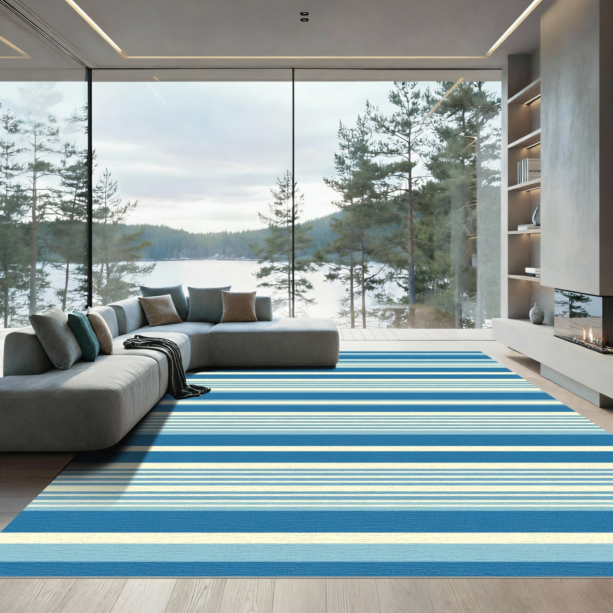 Blue Cream Horizontal Stripe Rug