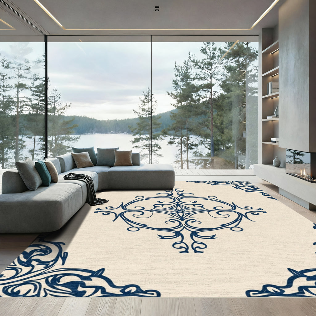Navy Blue Ornamental Scrollwork Rug
