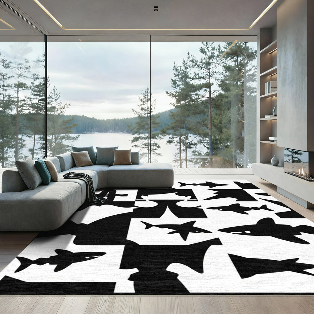 Black White Shark Silhouette Composition Rug