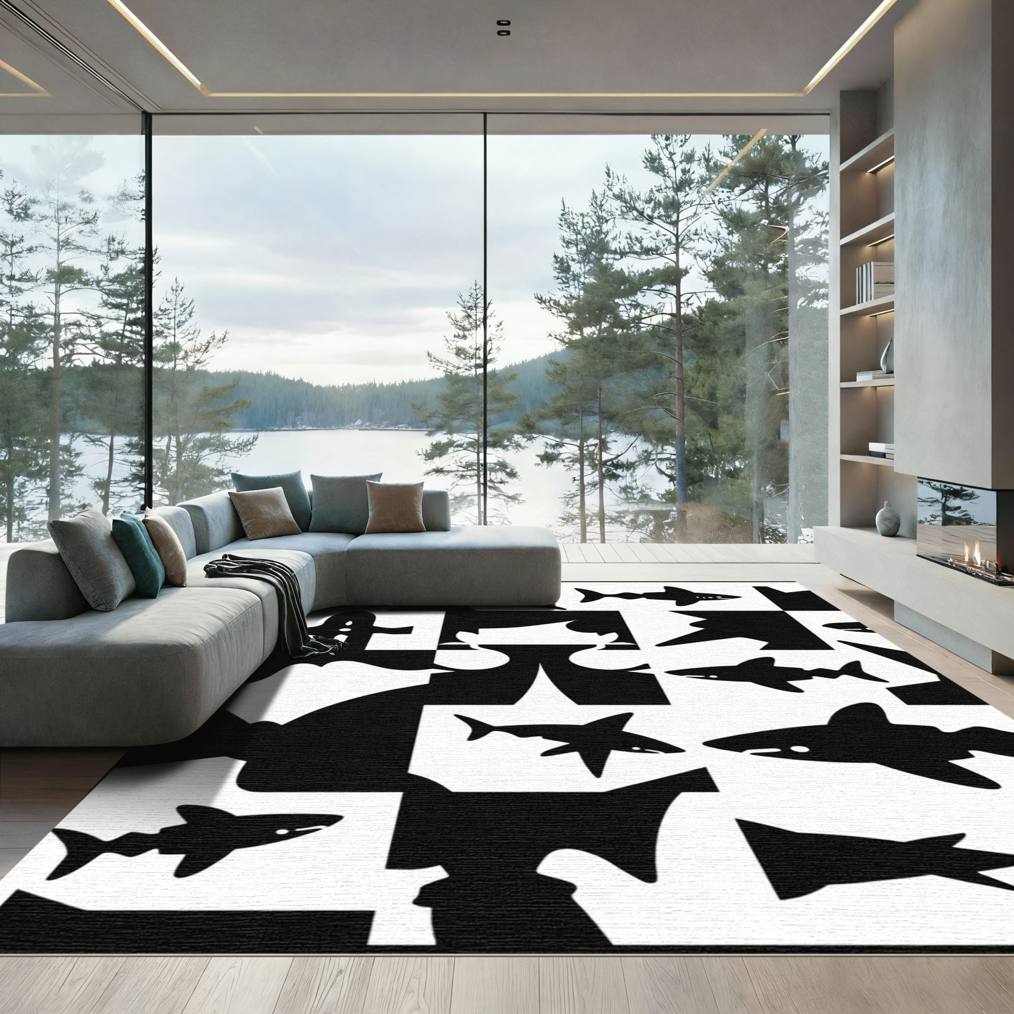 Black White Shark Silhouette Composition Rug