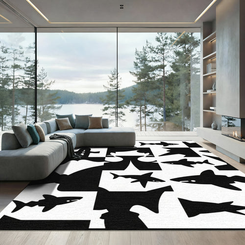 Black White Shark Silhouette Composition Rug