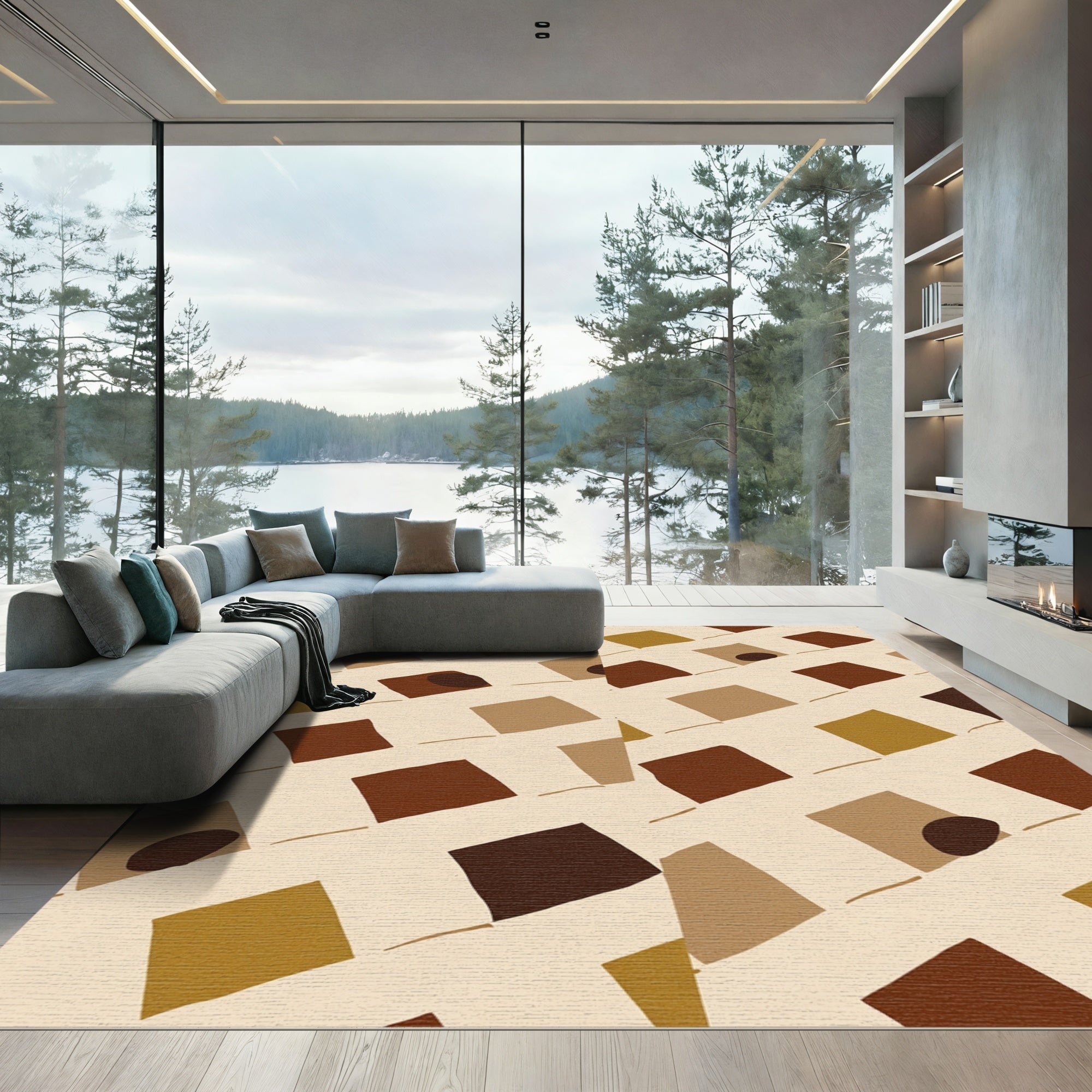 Earthy Brown Ochre Woven Squares Rug