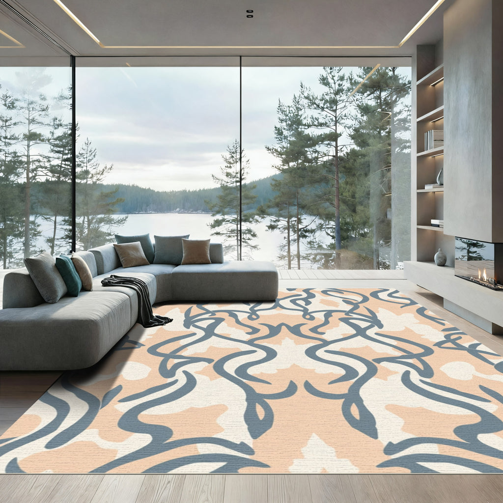 Contemporary Slate Blue And Peach Swirl Rug