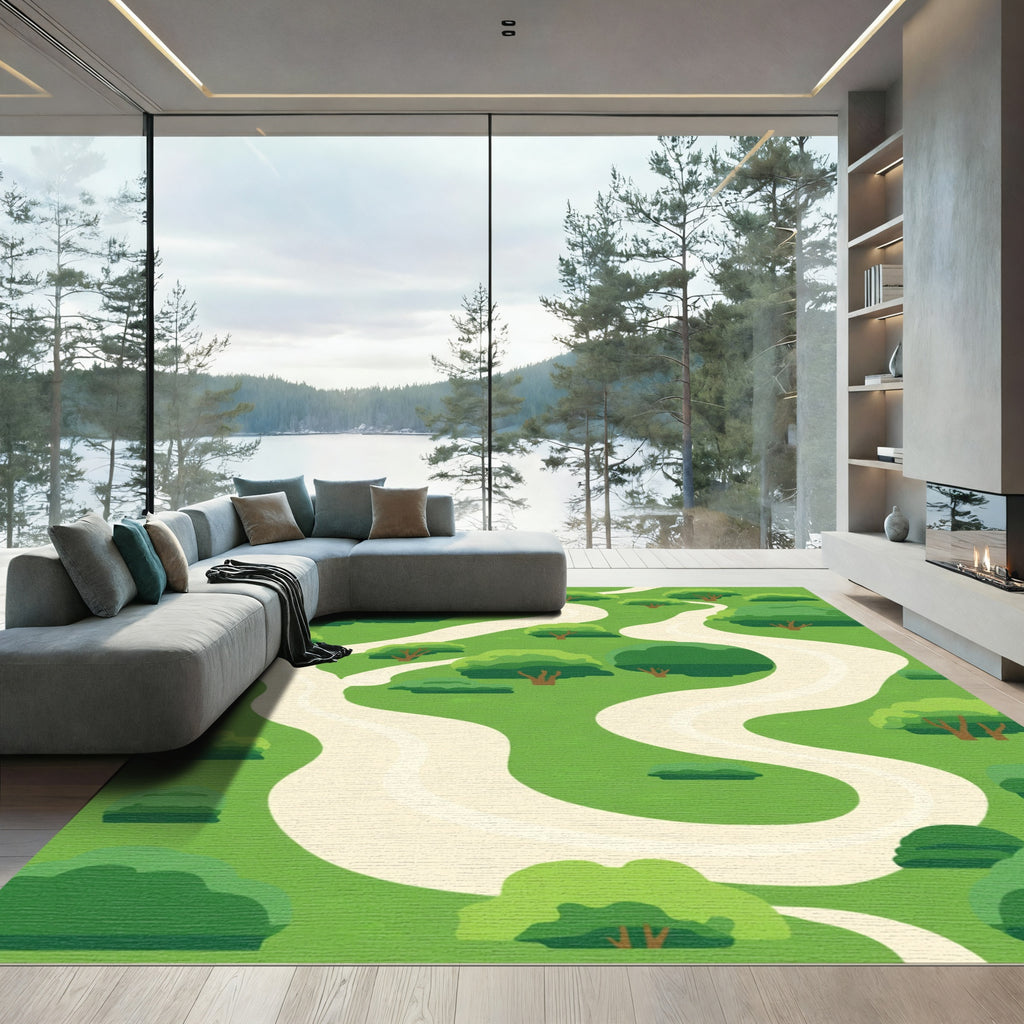 Green Hillside Winding Path Trees Rug