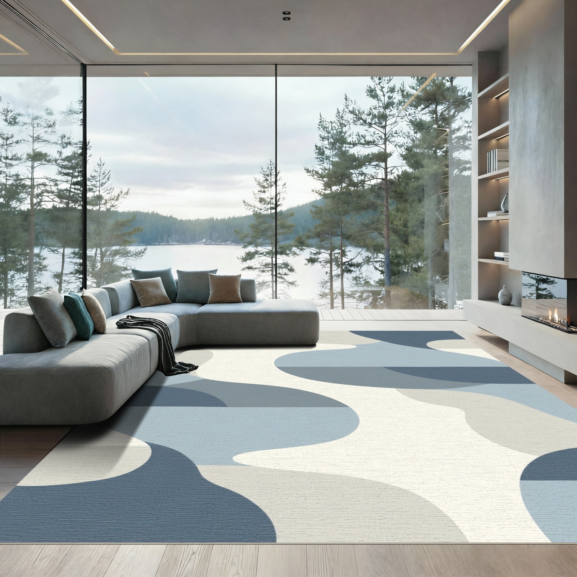 Abstract Blue Gray Organic Curves Rug