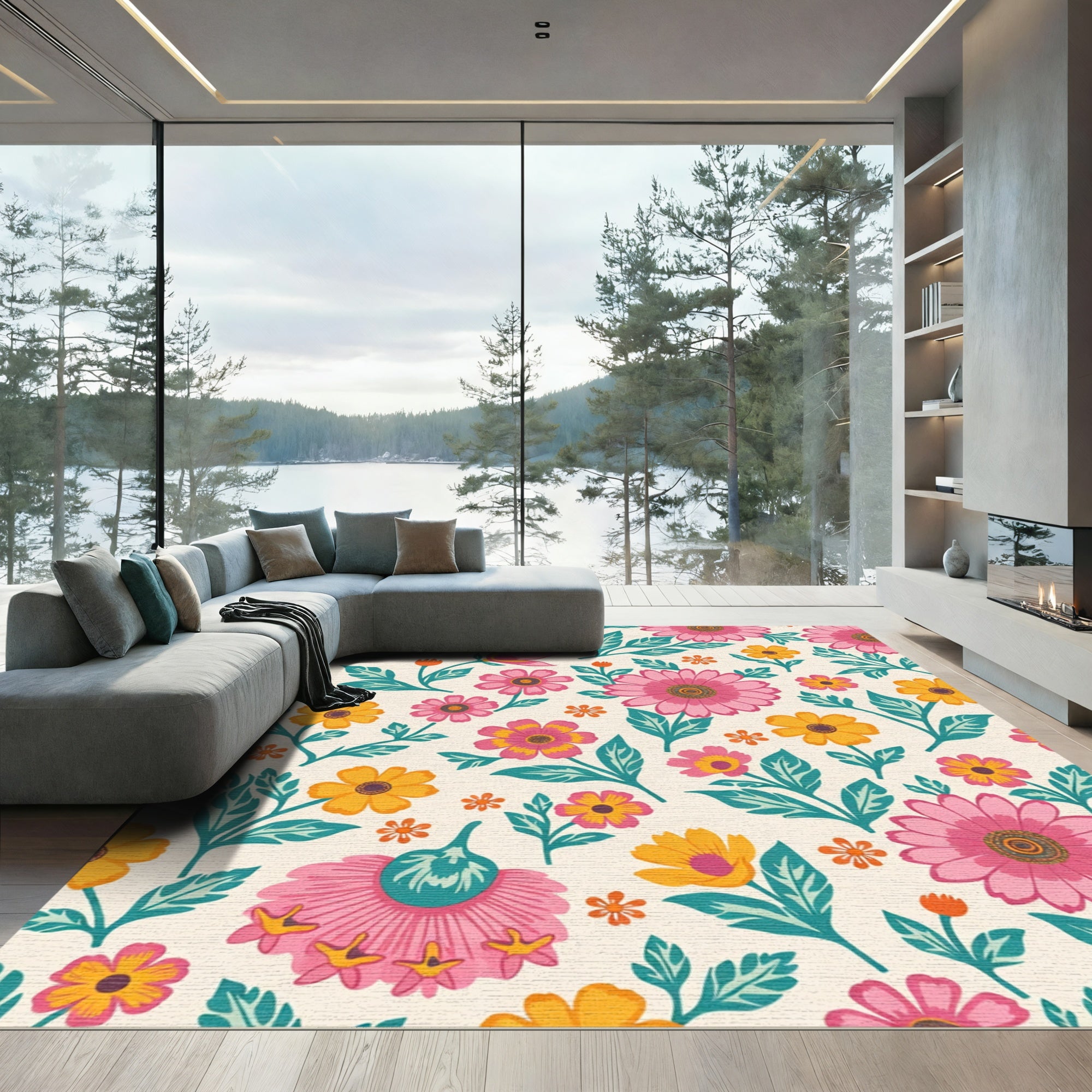 Floral Bloom Garden Pink Yellow Rug