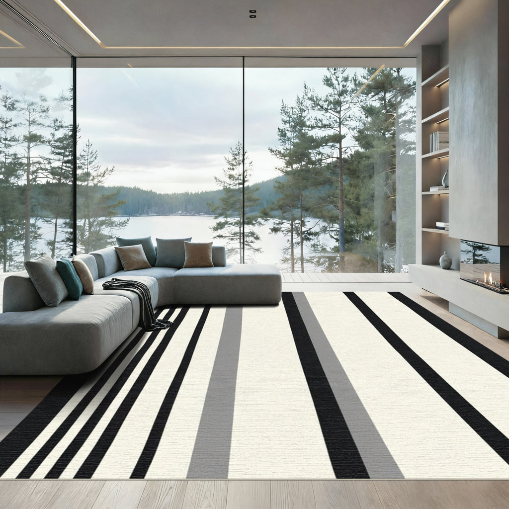 Modern Black White Gray Stripe Rug