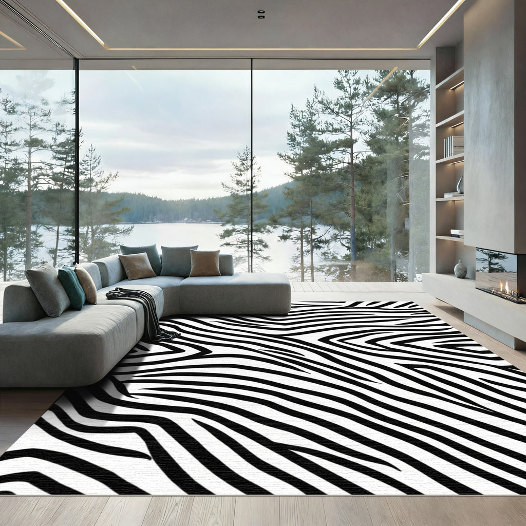 Striking Black White Curving Lines Rug