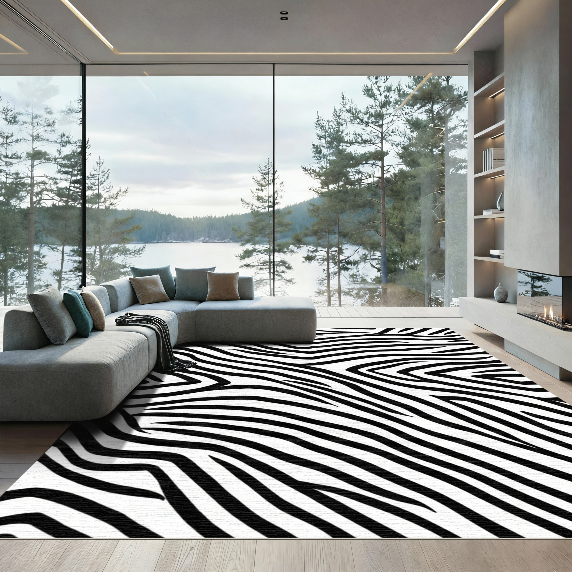 Striking Black White Curving Lines Rug