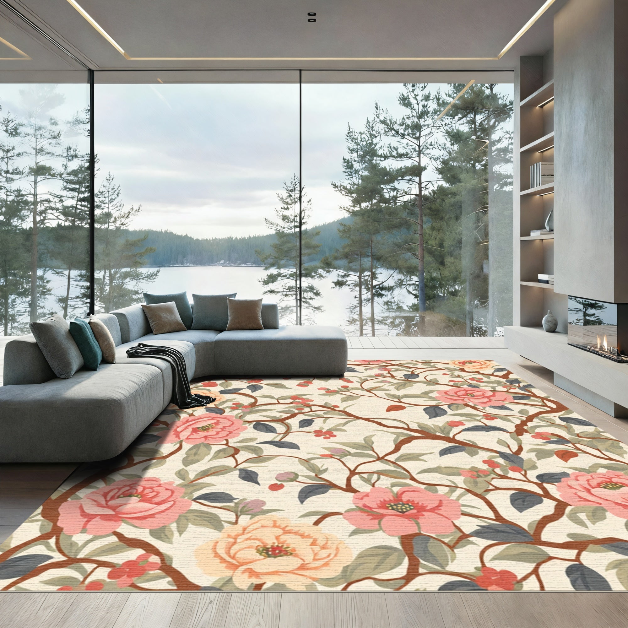 Peony Blossom Branch Vintage Floral Rug