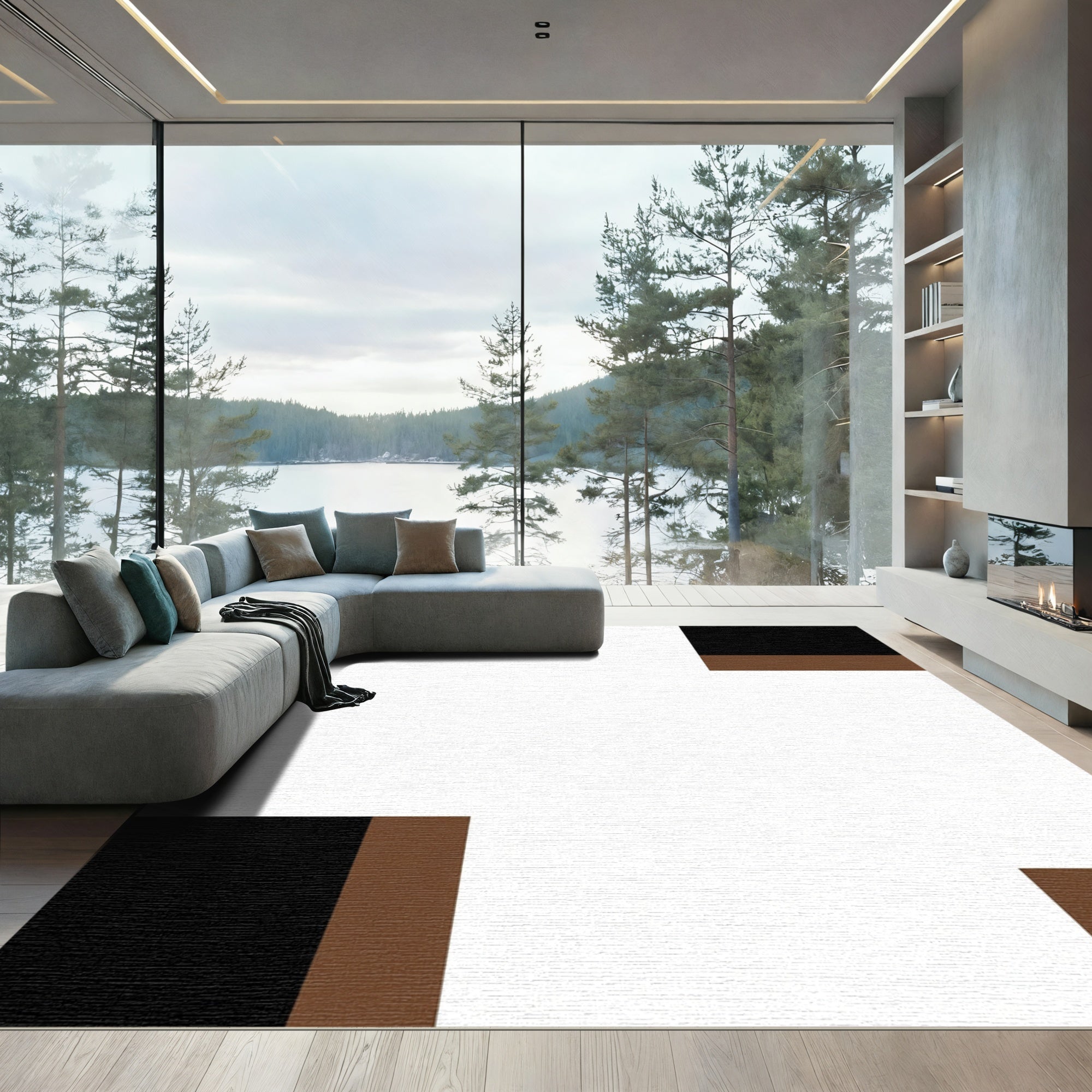 Geometric Brown Black Corner Accent Rug