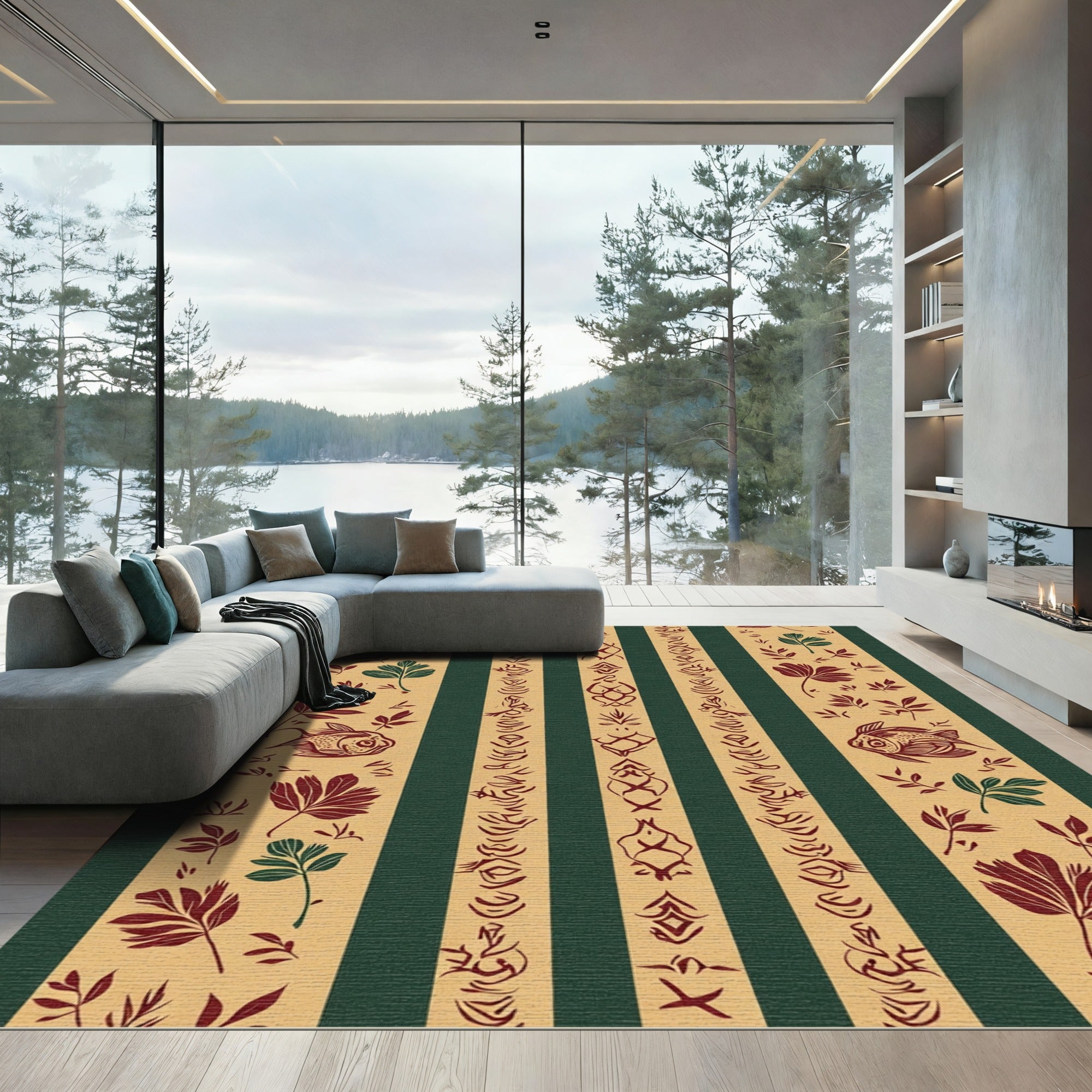 Crimson Green Striped Fish Botanical Rug