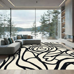Cream and Black Heart Flower Lines Rug