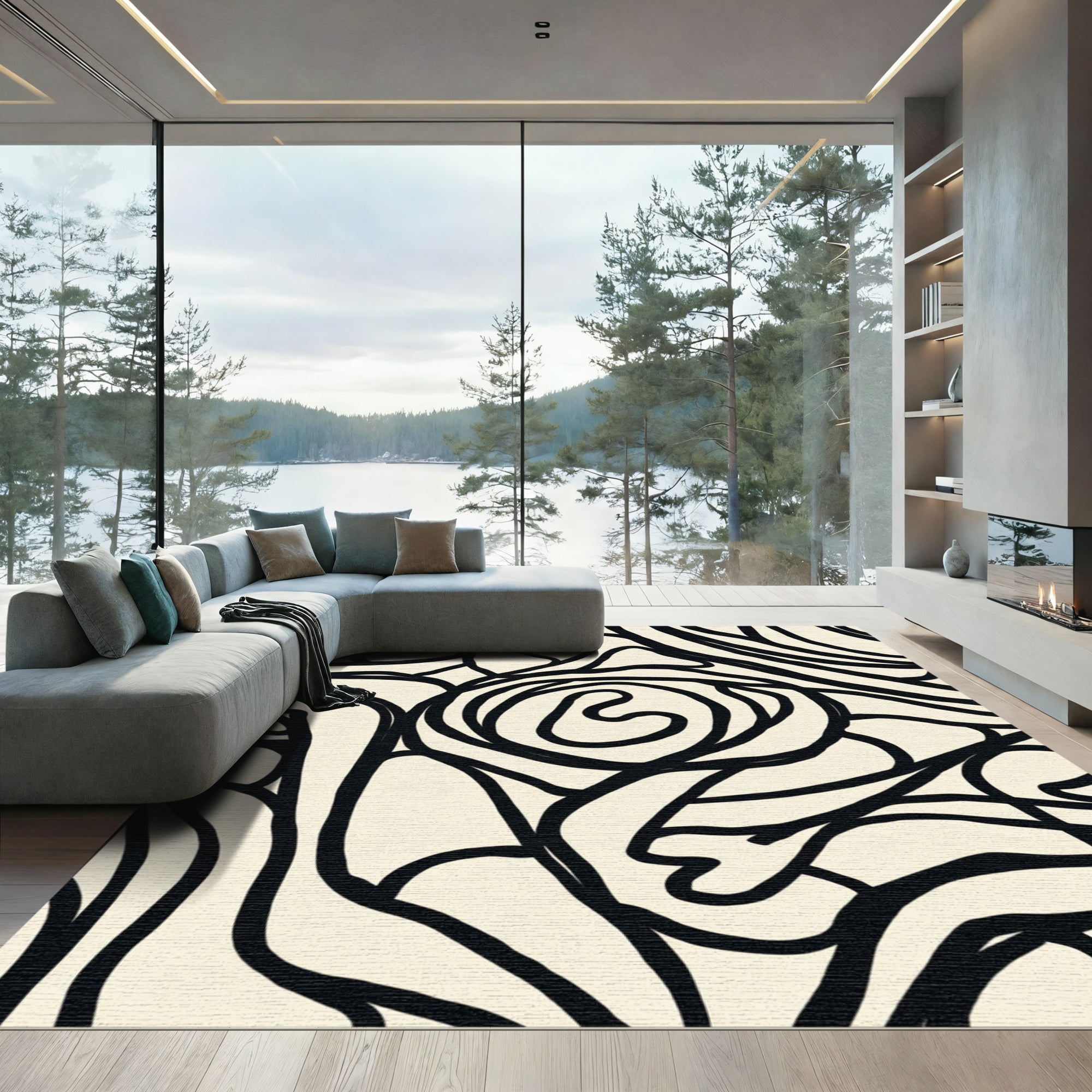 Cream and Black Heart Flower Lines Rug
