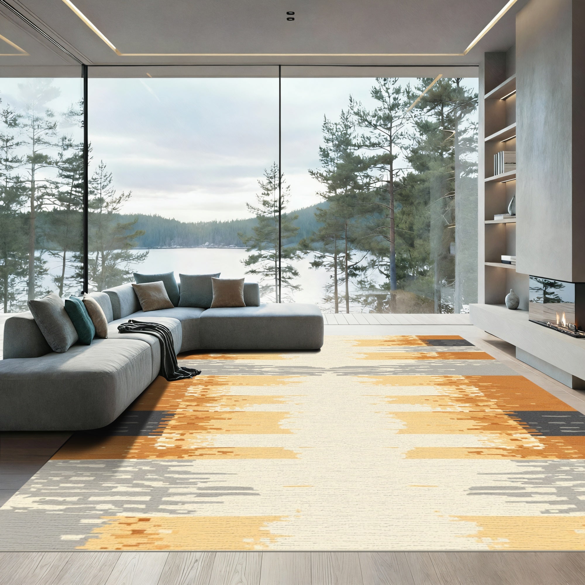 Textured Ochre Gray Stripe Rug