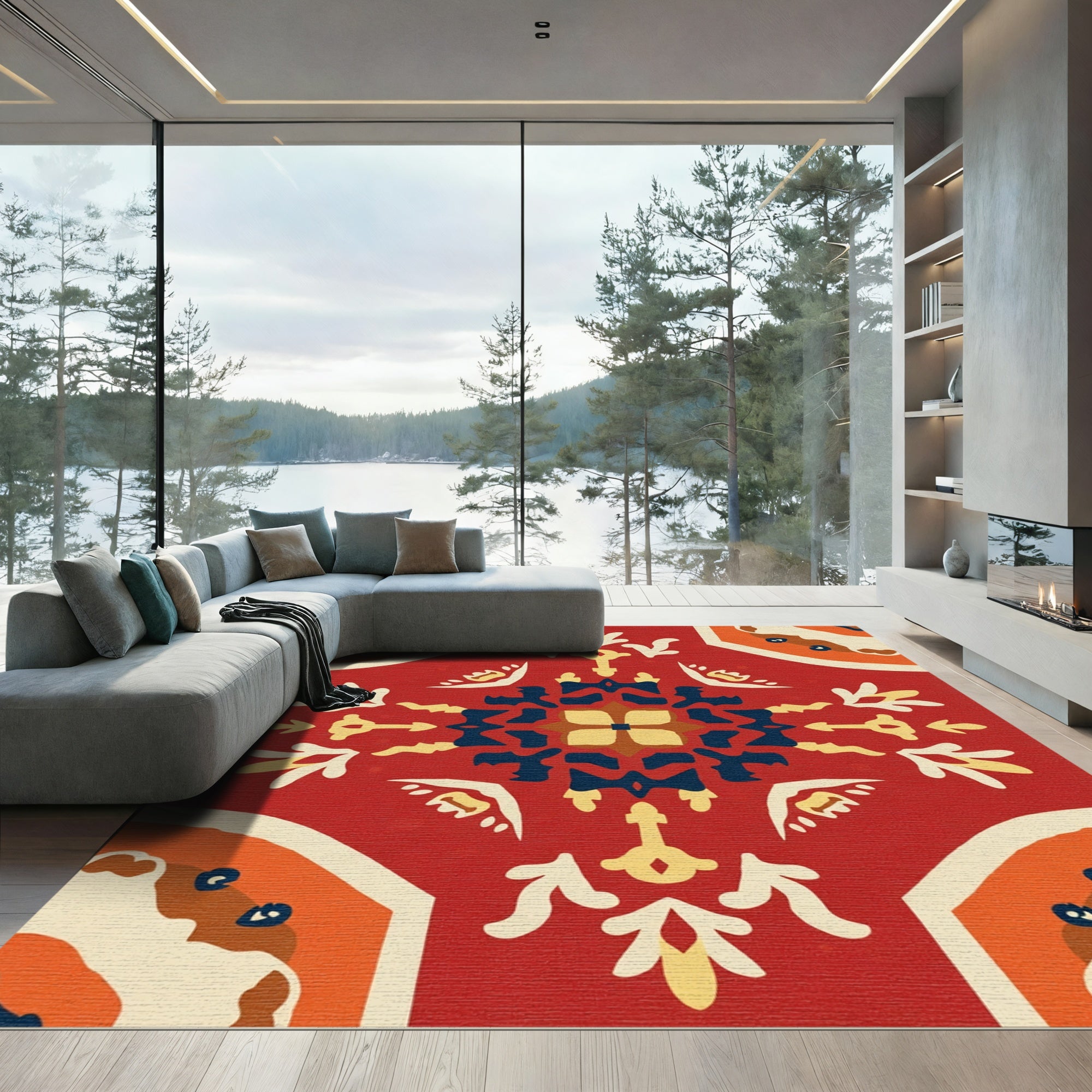 Red And Cream Tile Medallion Rug