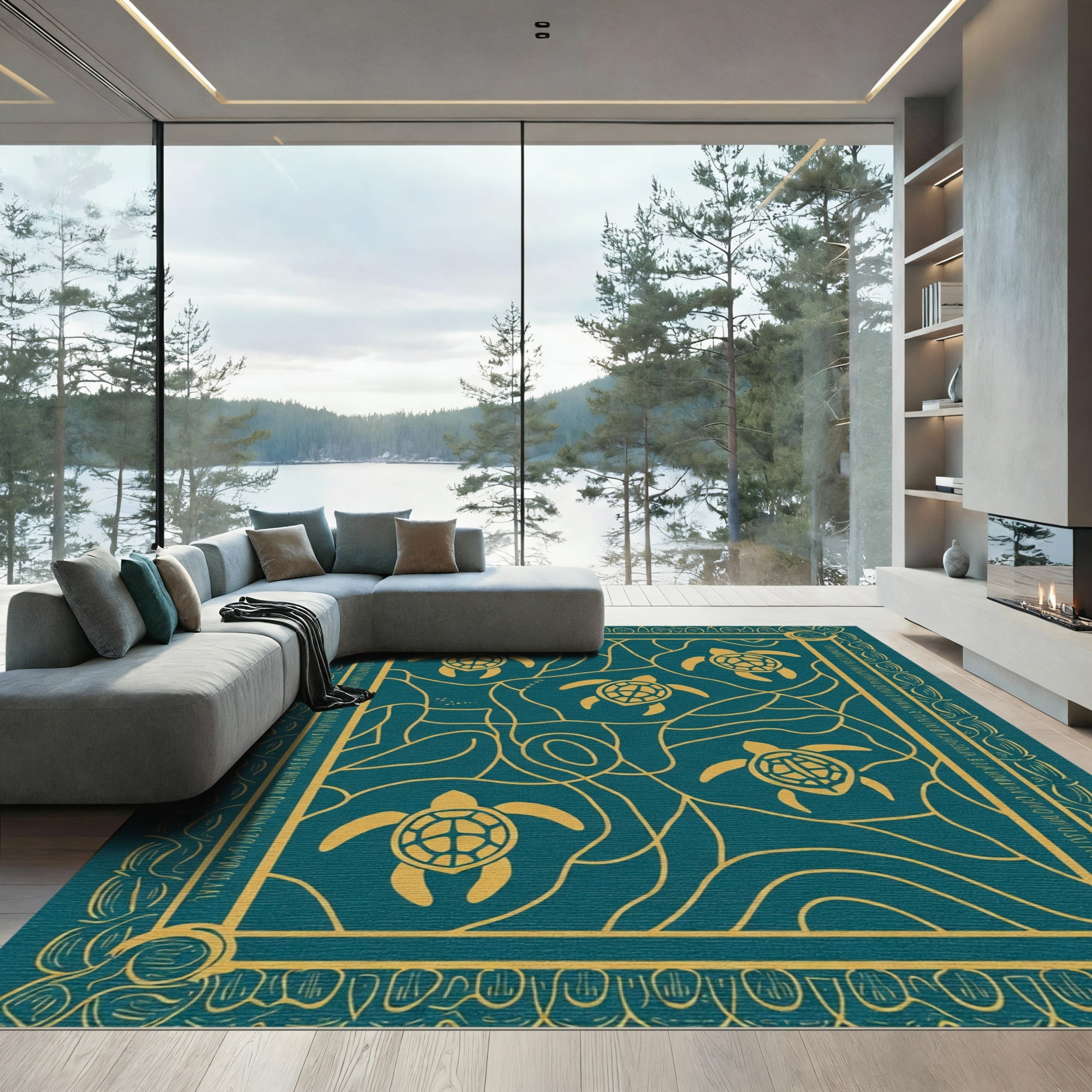 Golden Turtles Teal Wave Rug