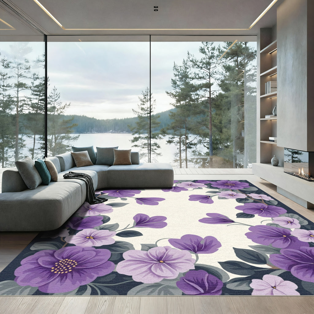 Vibrant Purple Flower Garden Frame Rug