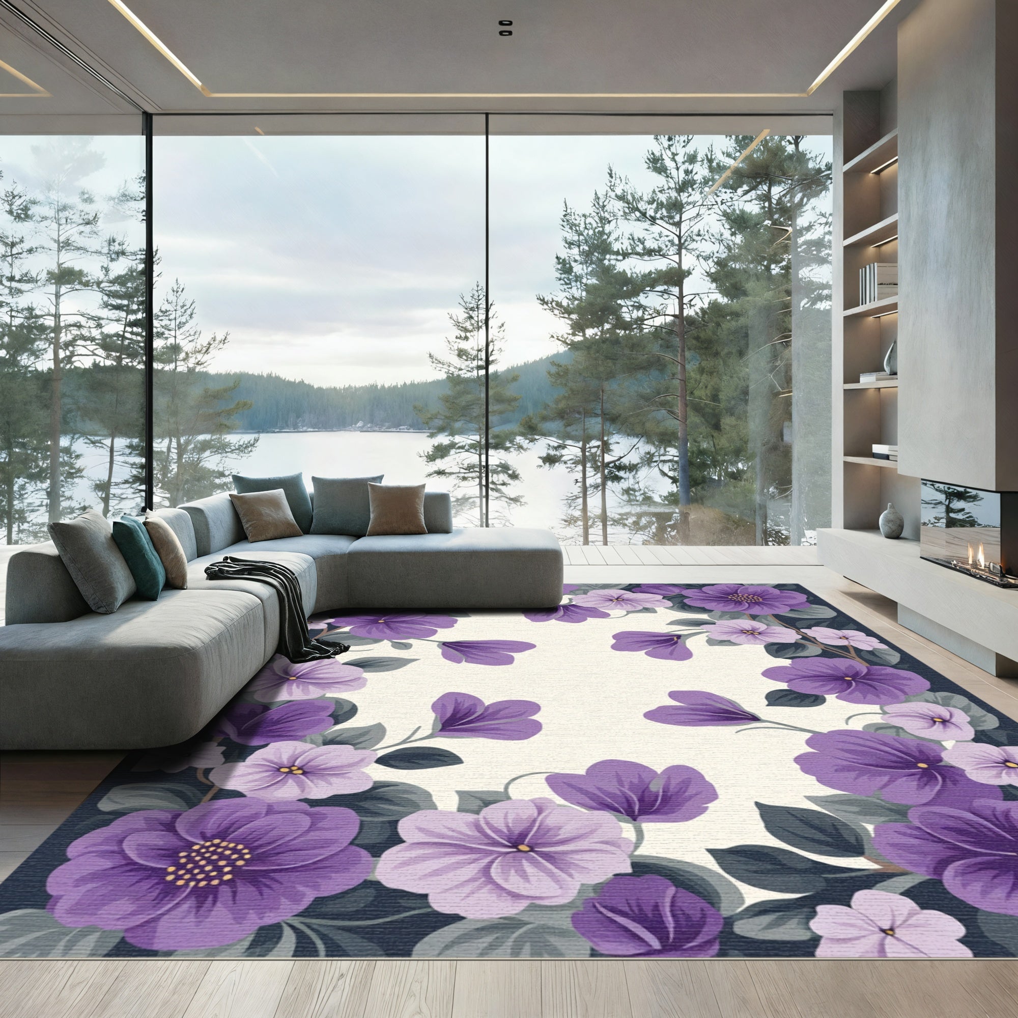 Vibrant Purple Flower Garden Frame Rug