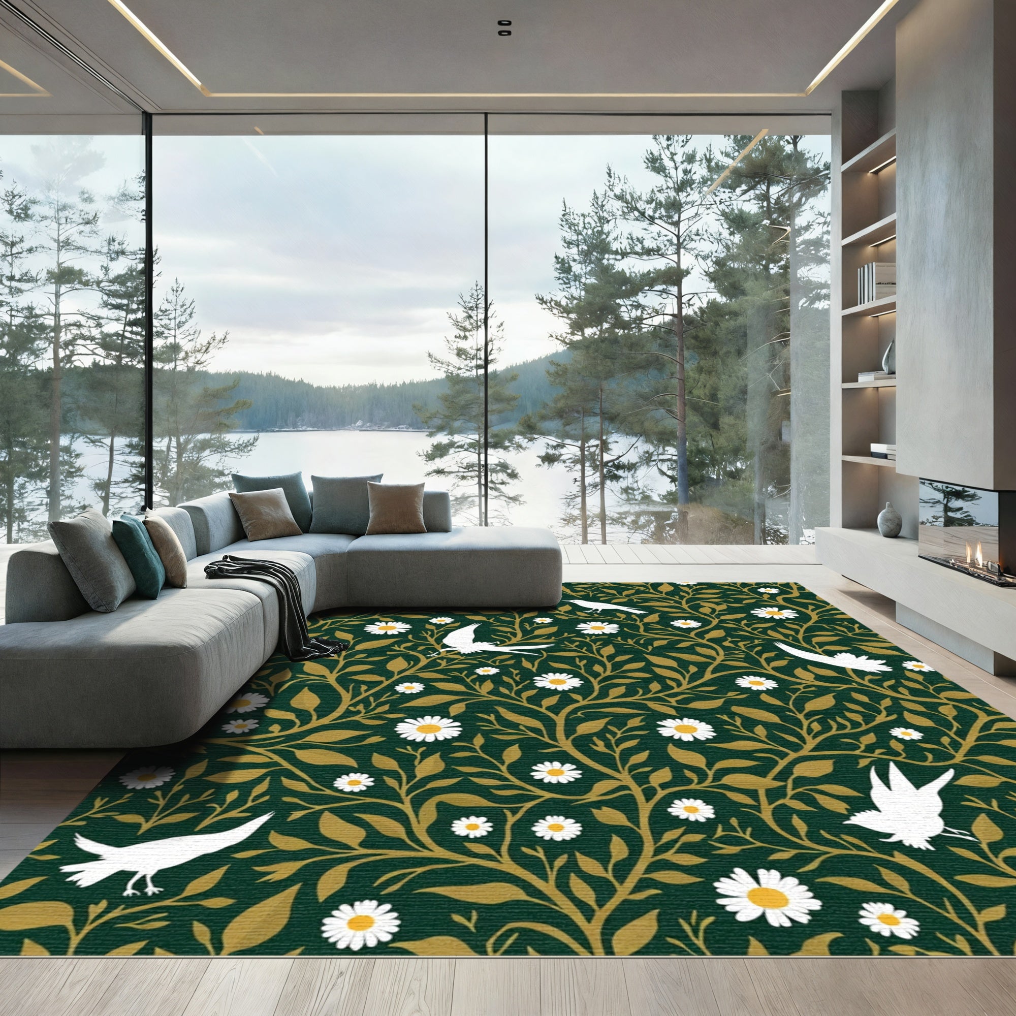 Emerald Green Willow Bird Daisy Rug
