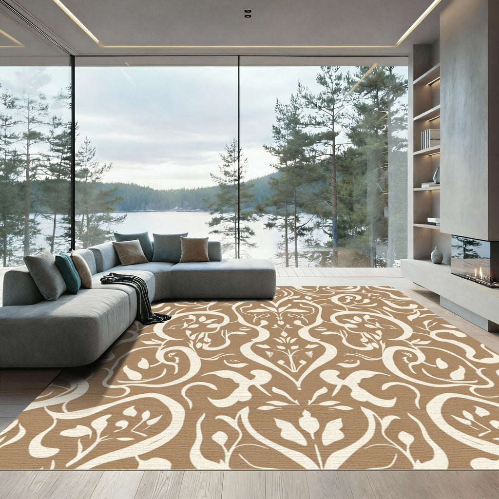 Ivory Brown Stylized Damask Flora Rug