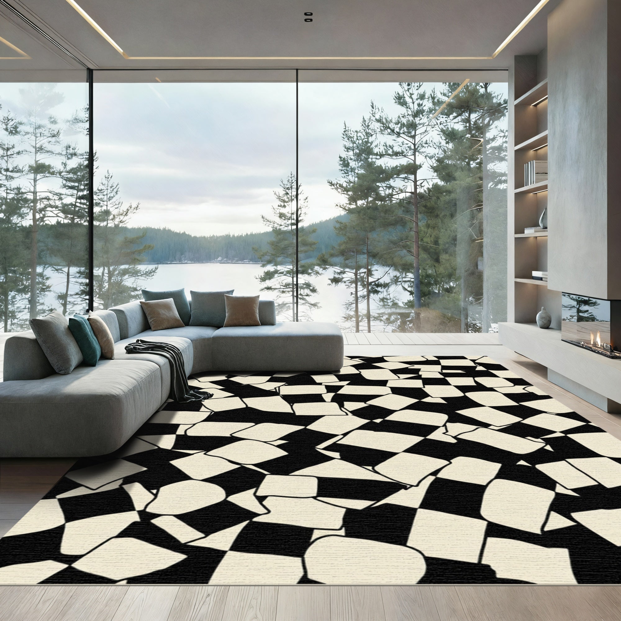 Abstract Black Cream Checkerboard Scatter Rug