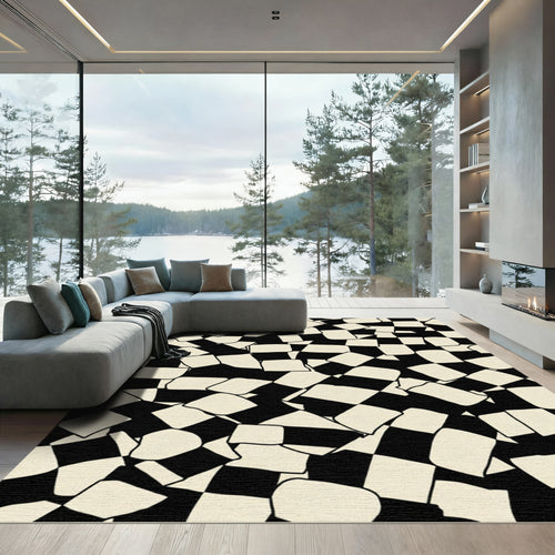 Abstract Black Cream Checkerboard Scatter Rug