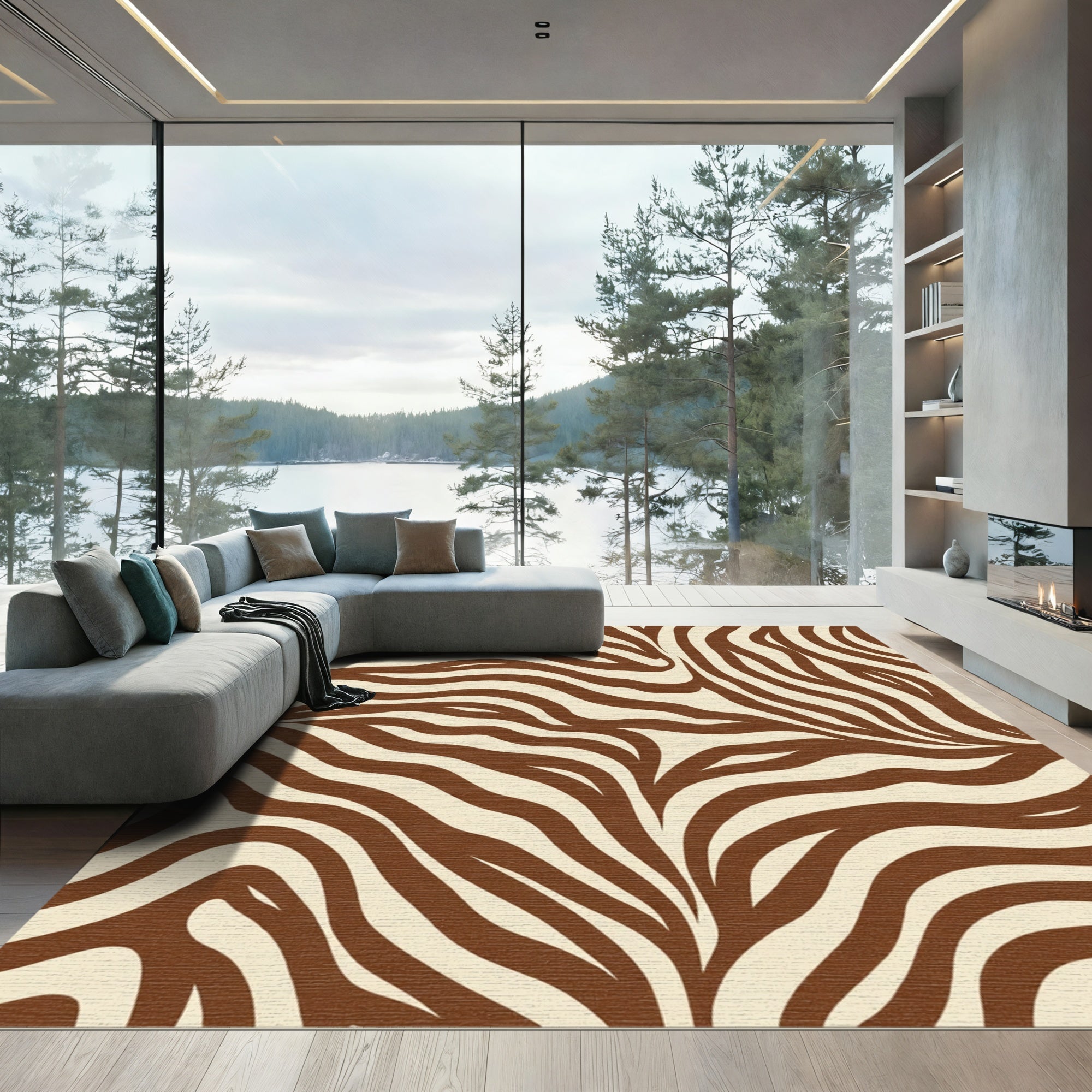 Brown Cream Wavy Animal Print Rug