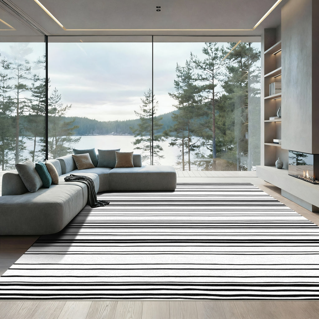Black White Hand Drawn Stripes Rug