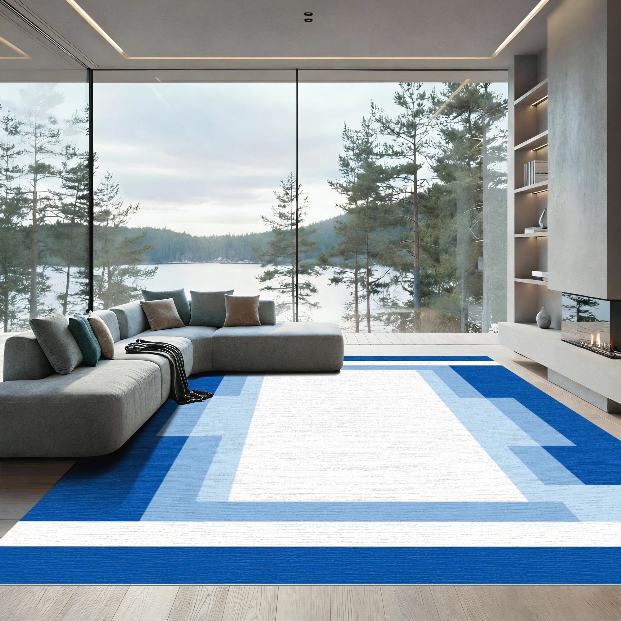 Geometric Azure Overlap Frame Rug