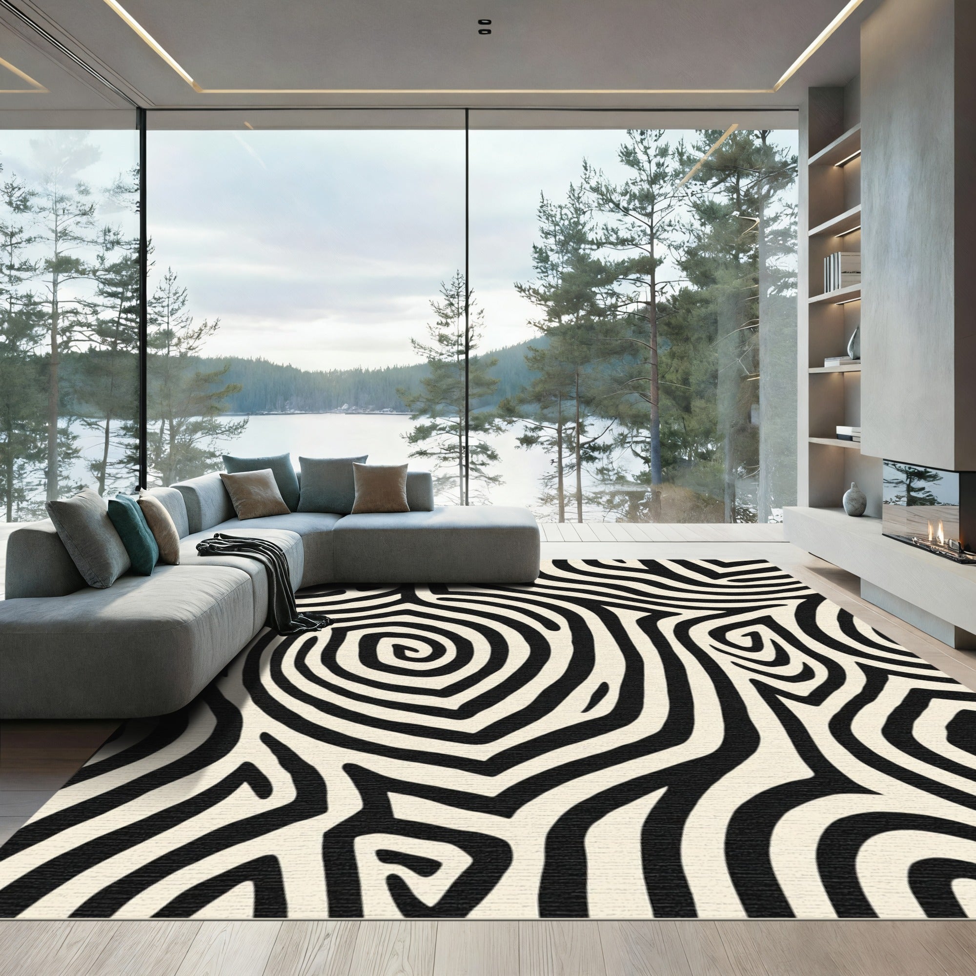 Organic Black And Ivory Swirl Lines Rug