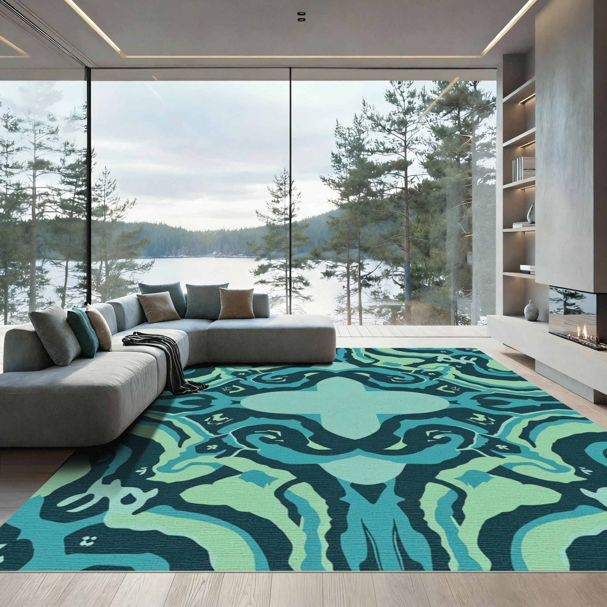 Teal Abstract Swirling Organic Harmony Rug