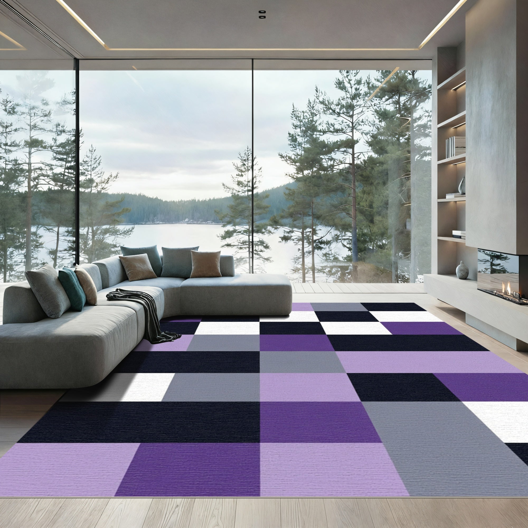 Modern Geometric Blocks Lavender Black Rug