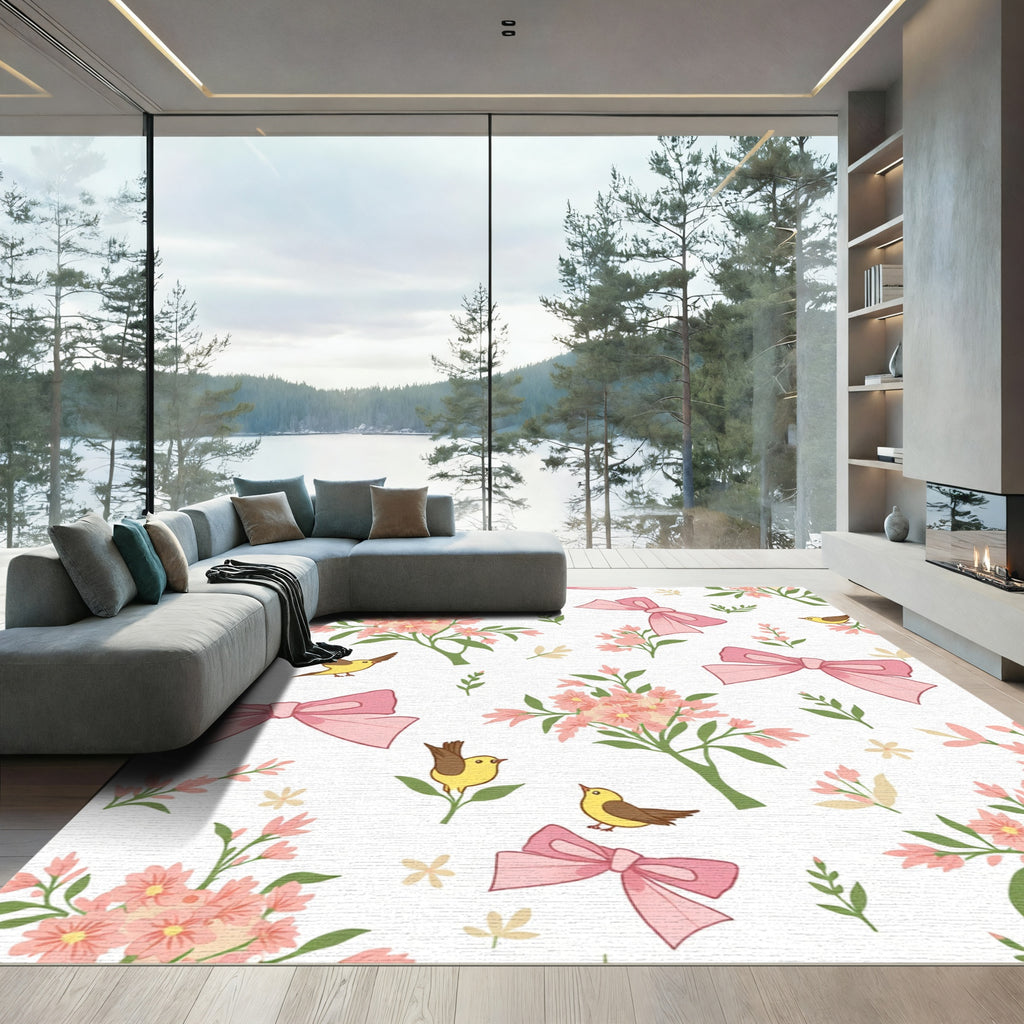 Sweet Pink Blossoms Birds Bows Rug