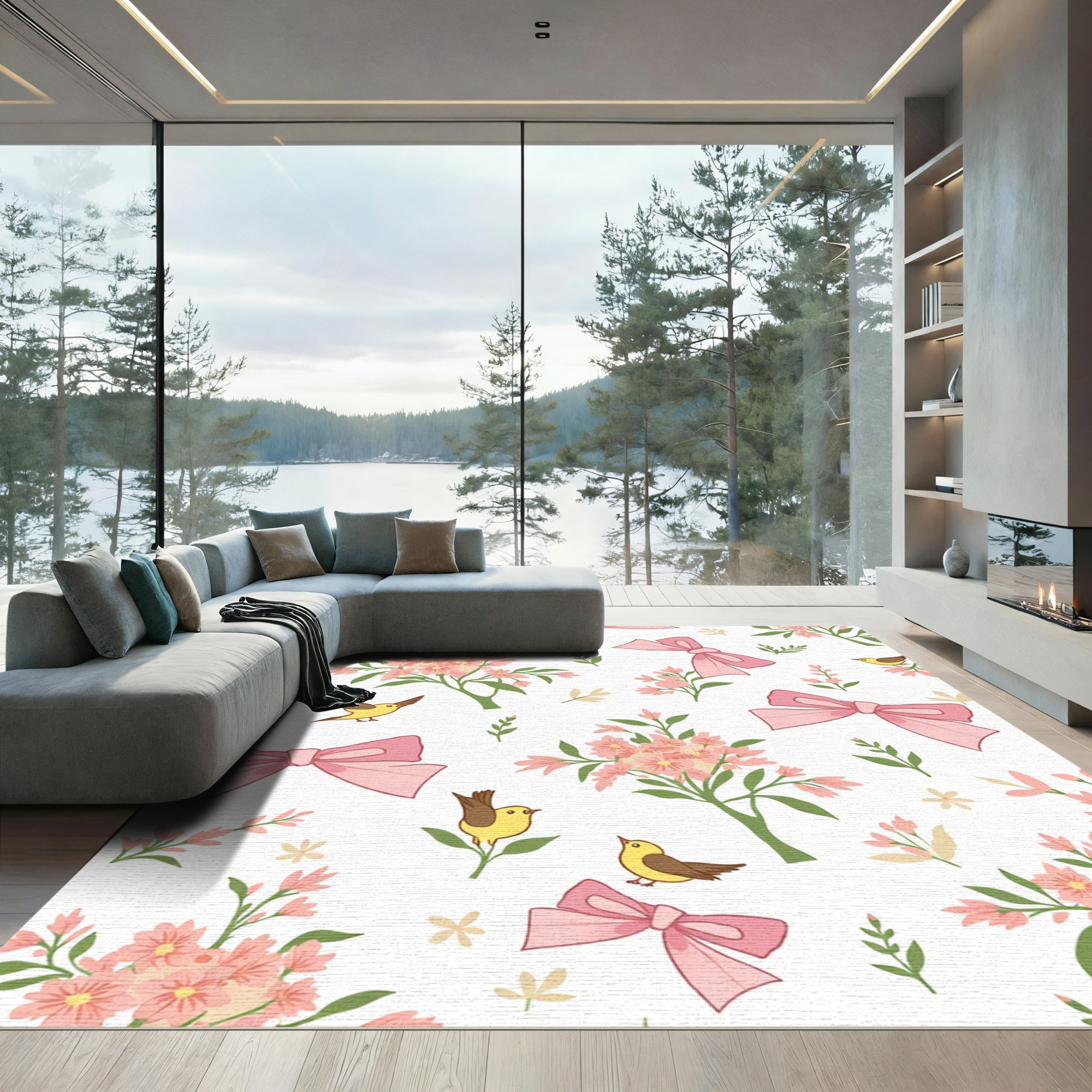 Sweet Pink Blossoms Birds Bows Rug