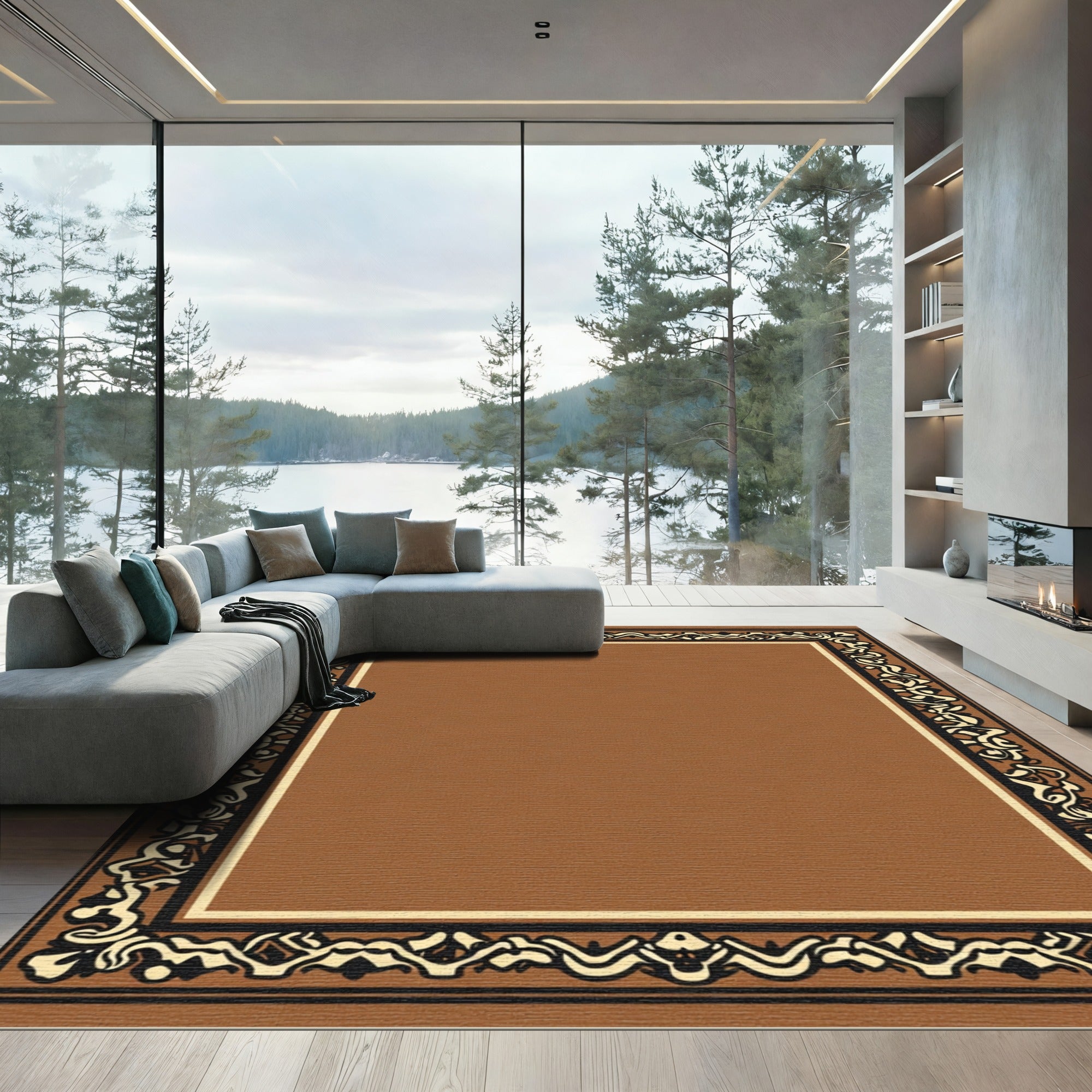 Brown White Black Ornate Border Rug