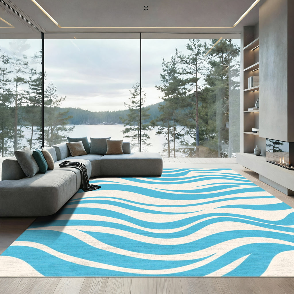 Aqua Cream Wavy Stripe Art Rug