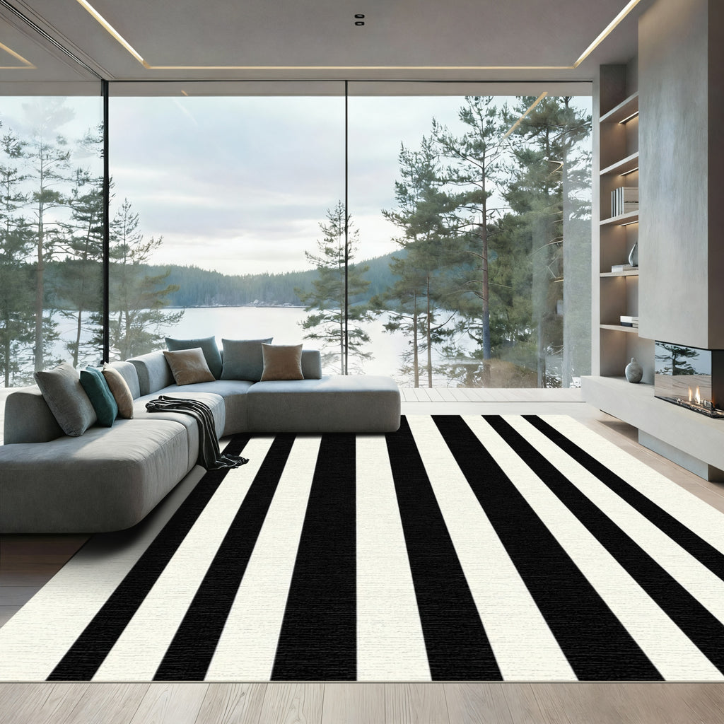 Classic Black White Parallel Lines Rug