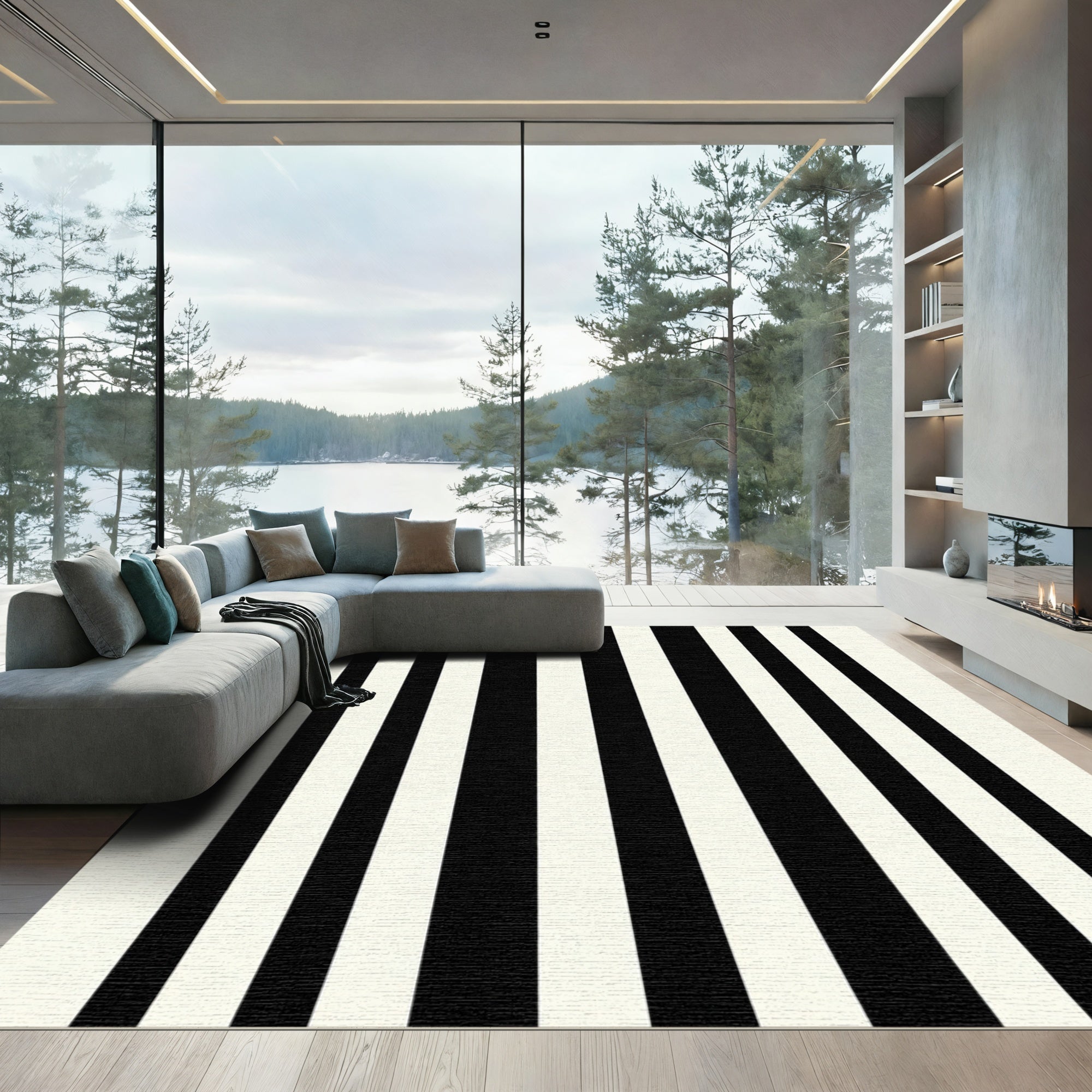 Classic Black White Parallel Lines Rug