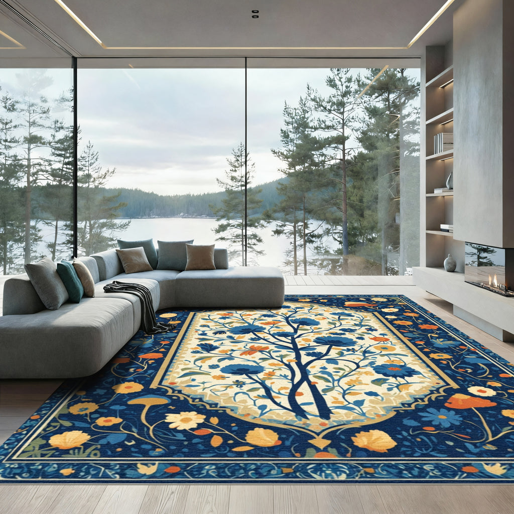 Navy Blue Floral Tree Scroll Rug