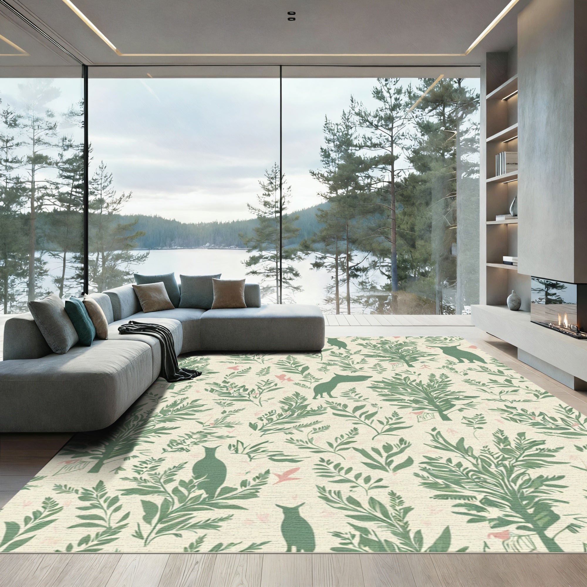 Green Silhouette Animals Floral Meadow Rug