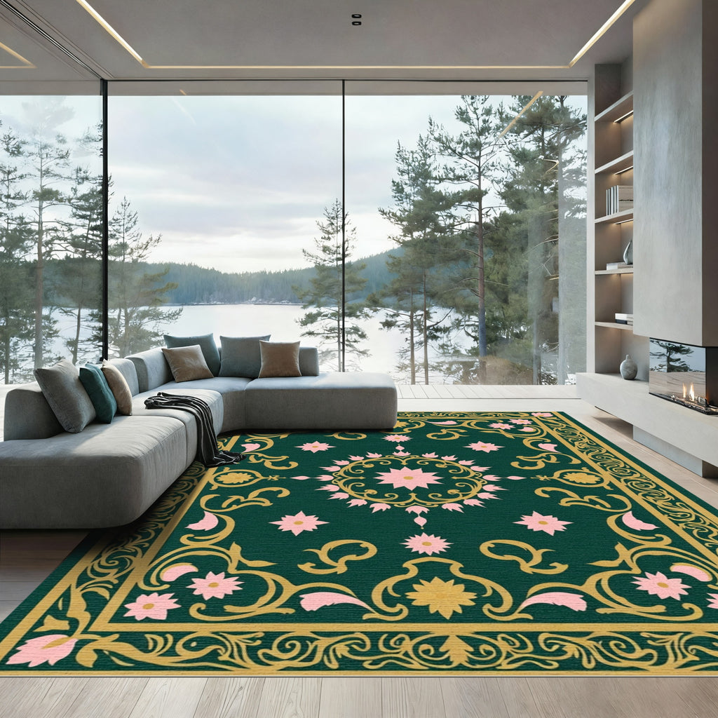 Emerald Pink Floral Ornate Medallion Rug