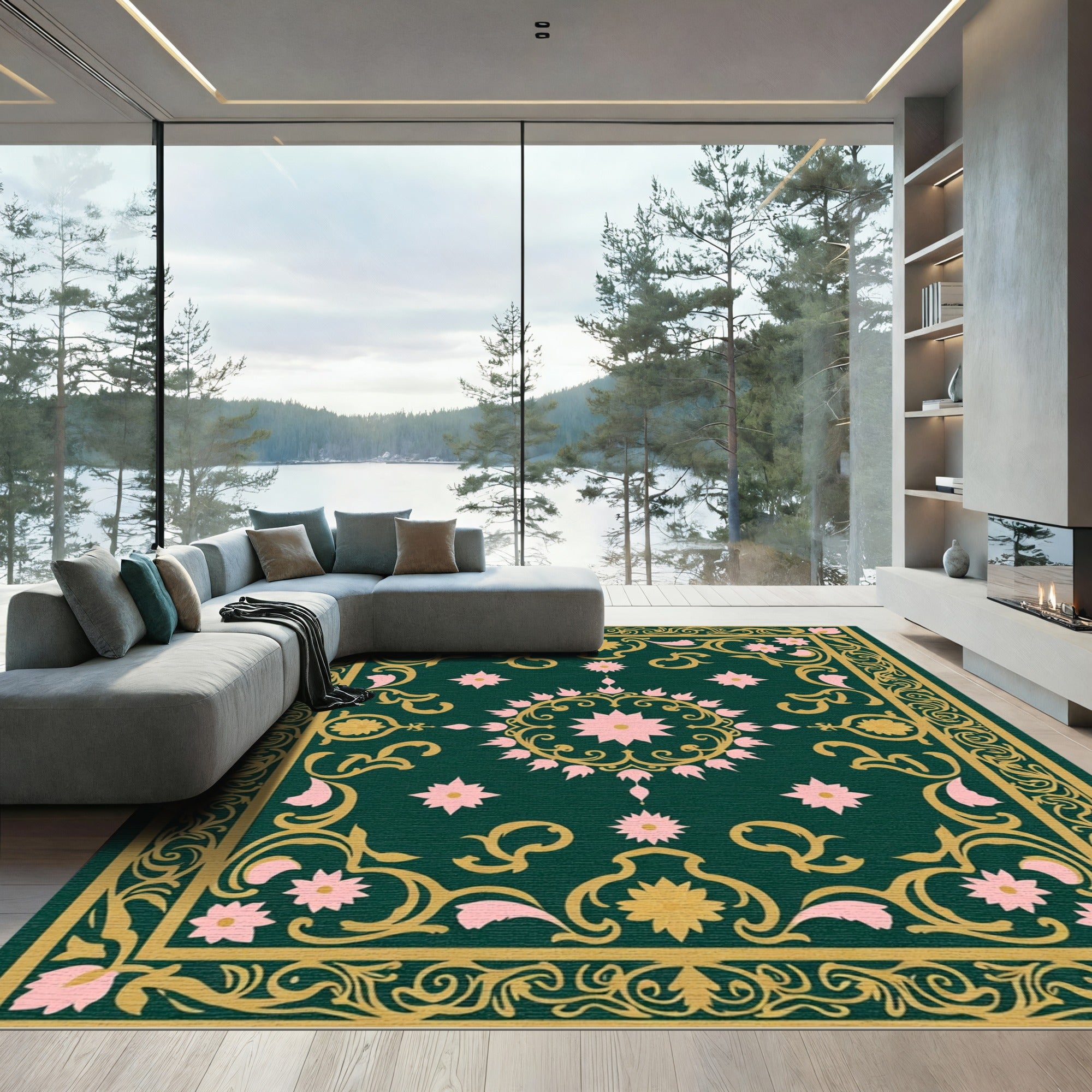 Emerald Pink Floral Ornate Medallion Rug