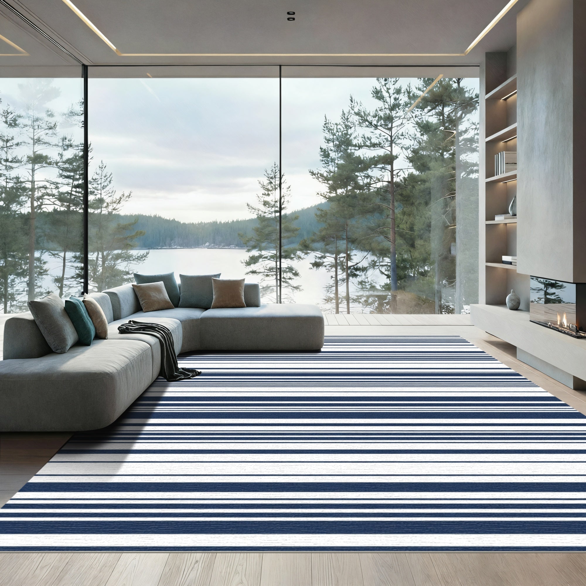 Navy White Horizontal Stripe Line Rug