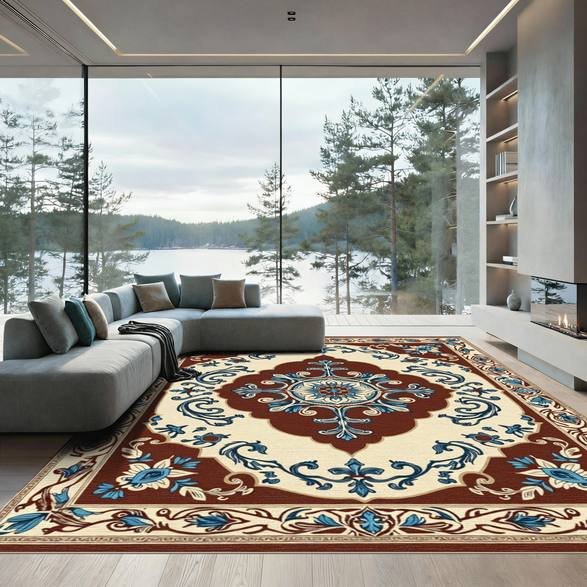 Classic Blue Floral Ivory Medallion Rug