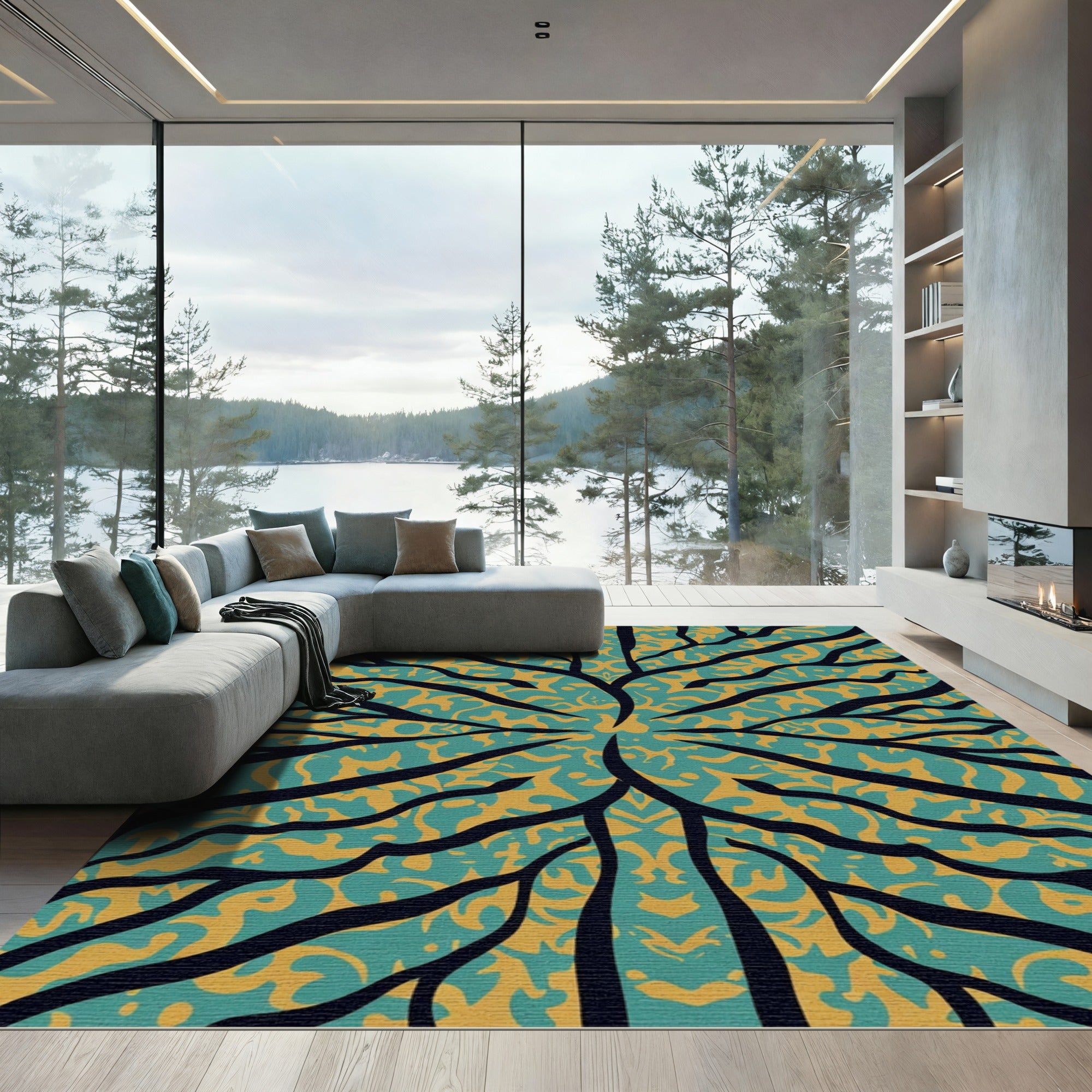 Teal Yellow Organic Tree Branches Rug