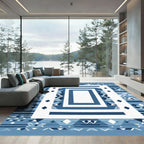 Geometric Blue and White Layered Rug